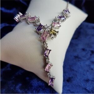 Swarovski Elements Platinum Multicolor Pink & Purple Gem Geometric Necklace NEW